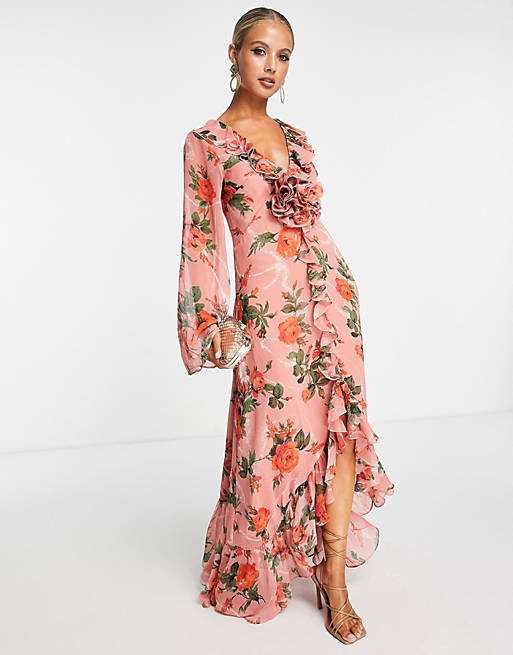 ASOS DESIGN ruffle detail plunge maxi dress with corsage in pink floral ...