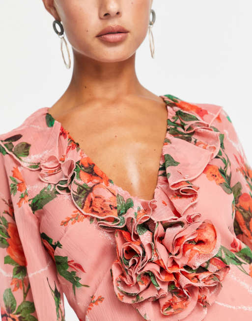 ASOS DESIGN ruffle detail plunge maxi dress with corsage in