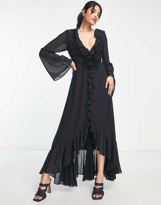 ASOS DESIGN ruffle detail plunge textured midi dress with corsage in black