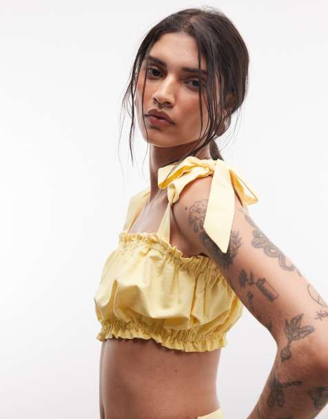 ASOS DESIGN ruffle detail top with bow tie straps in yellow (part of a set) - view 1