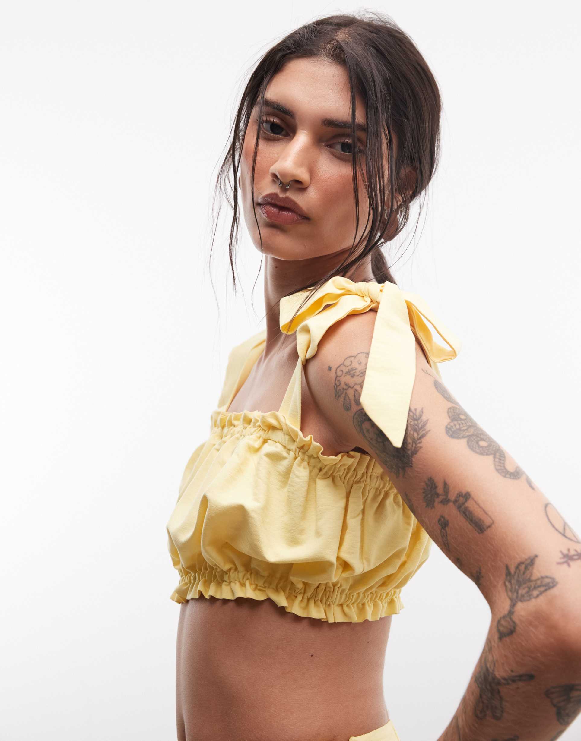asos design ruffle detail top with bow tie straps in yellow - part of a set