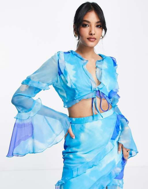 ASOS DESIGN ruffle detail top with tie front in blue abstract print - part  of a set