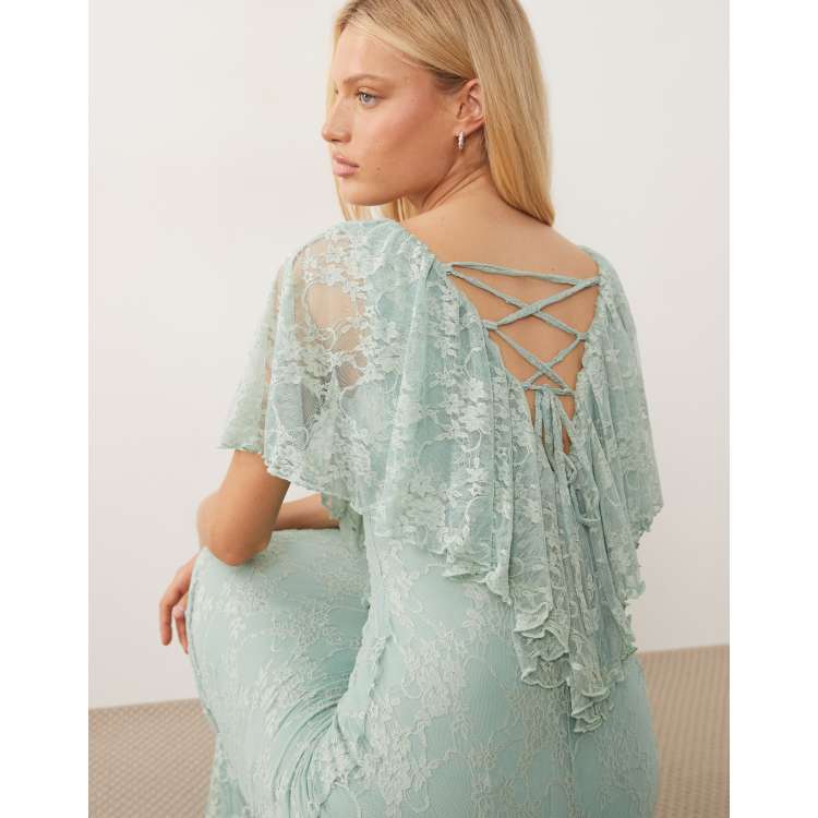 ASOS DESIGN ruffle detail v neck lace maxi dress in cool mint | ASOS
