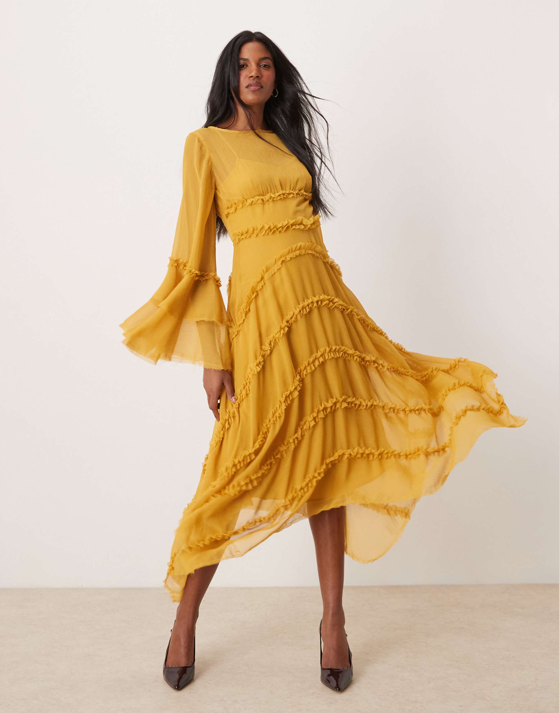 asos design ruffle dress with high low hem & volume ruffle sleeve in ochre