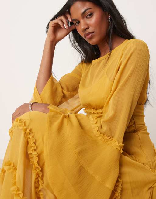 ASOS DESIGN ruffle dress with high low hem volume ruffle sleeve in ochre ASOS