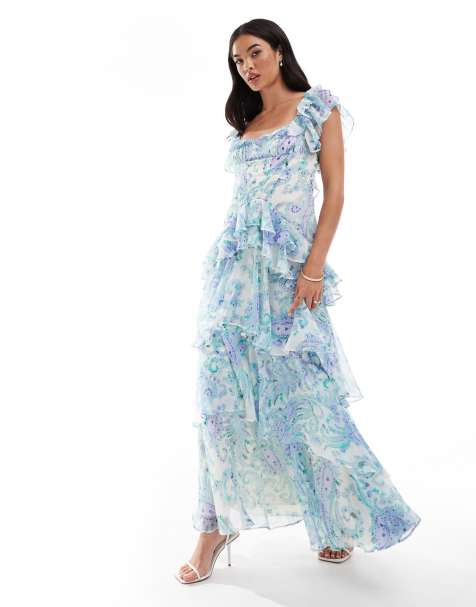 ASOS DESIGN ruffle dropped waist tiered maxi dress in blue floral print - view 1