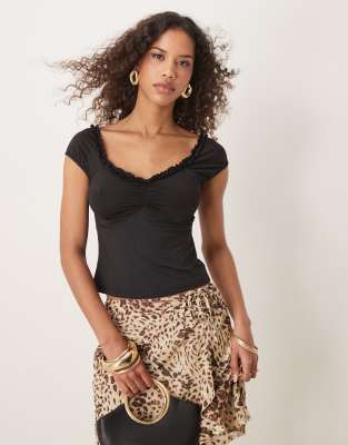 Asos Design Ruffle Edge Cap Sleeve Top In Black
