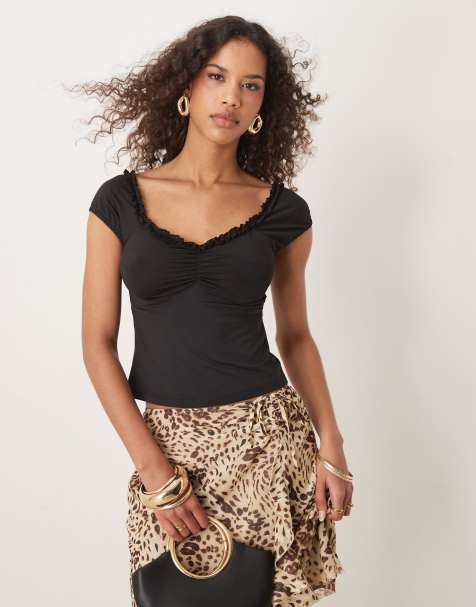ASOS DESIGN ruffle edge cap sleeve top in black - view 1