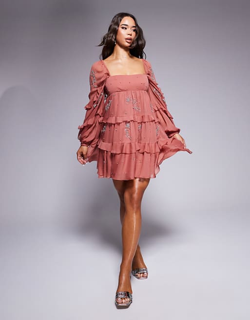 Ruffled Layers Rose Embellishment Red Strappy Mini Dress Ruffled Layers Rose Embellishment Red Strappy Mini Dress