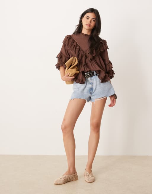 ASOS DESIGN ruffle floaty blouse with lace trim in brown