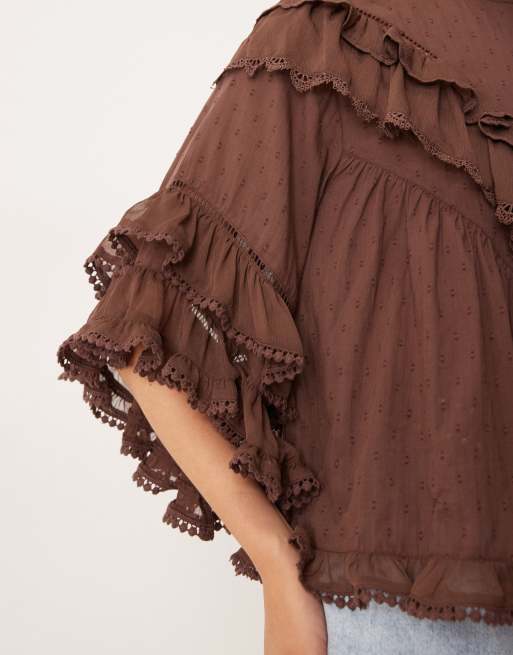 ASOS DESIGN ruffle floaty blouse with lace trim in brown