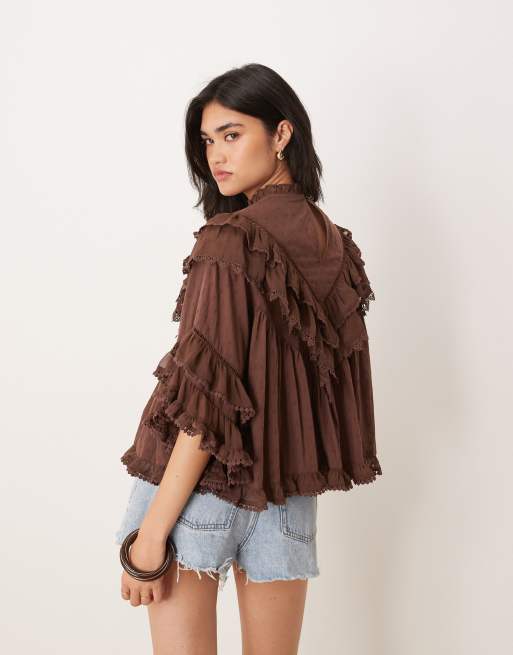 ASOS DESIGN ruffle floaty blouse with lace trim in brown
