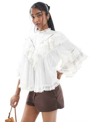 Asos Design Ruffle Floaty Blouse With Lace Trim-white