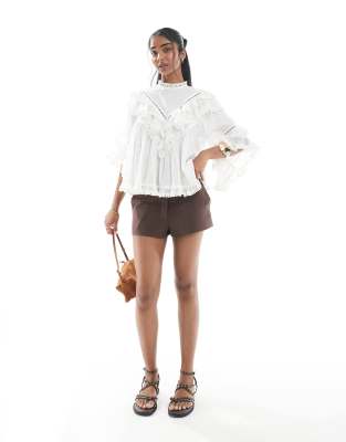 Asos Design Ruffle Floaty Blouse With Lace Trim-white