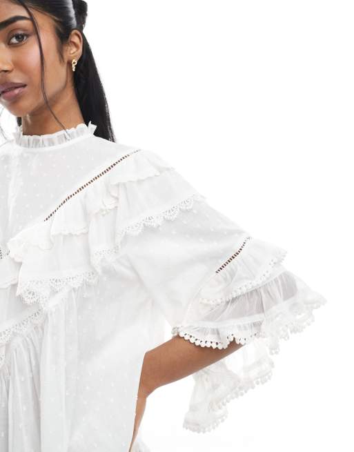 ASOS DESIGN ruffle floaty blouse with lace trim