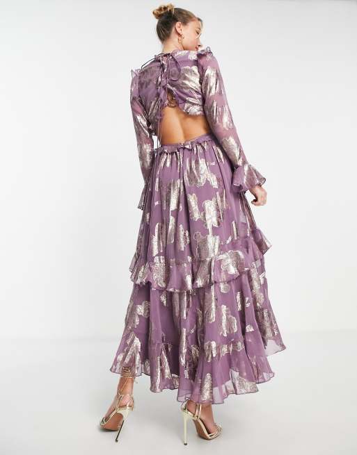 ASOS DESIGN ruffle floral jacquard midi dress with tiered skirt in mauve