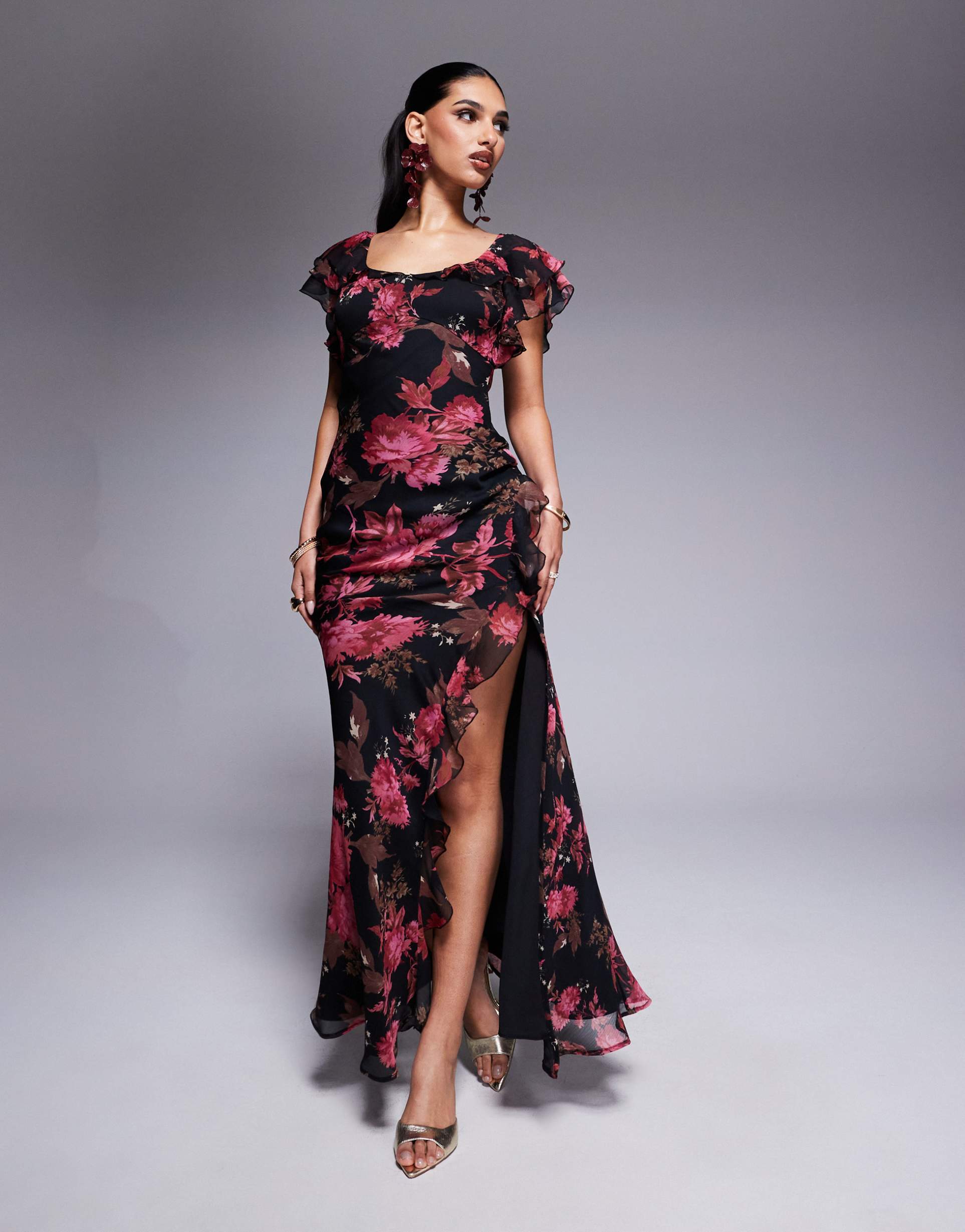 asos design ruffle flutter sleeve maxi dress with side slit in pink floral print