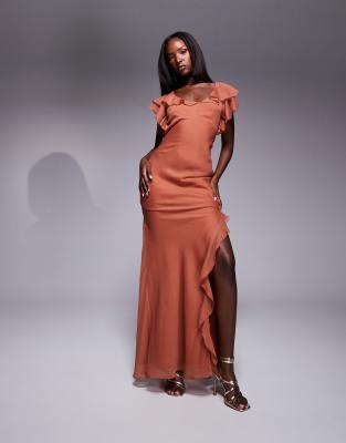 ruffle flutter sleeve maxi dress with side split in rust-Red