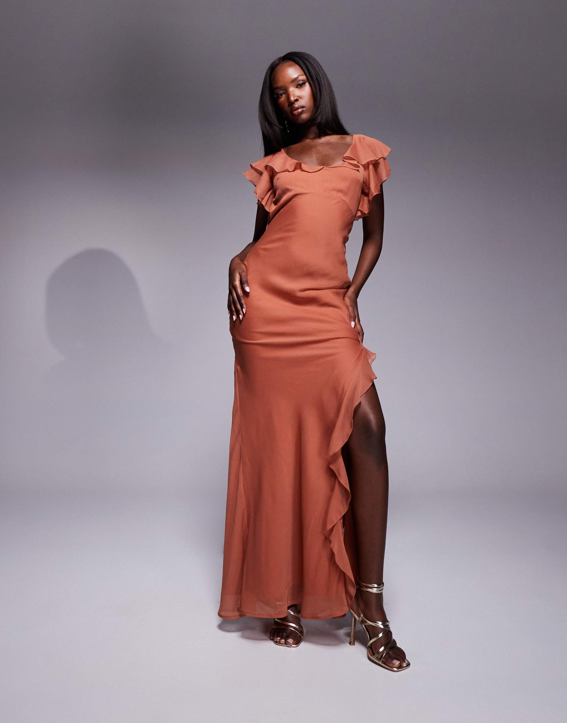 asos design ruffle flutter sleeve maxi dress with side split in rust