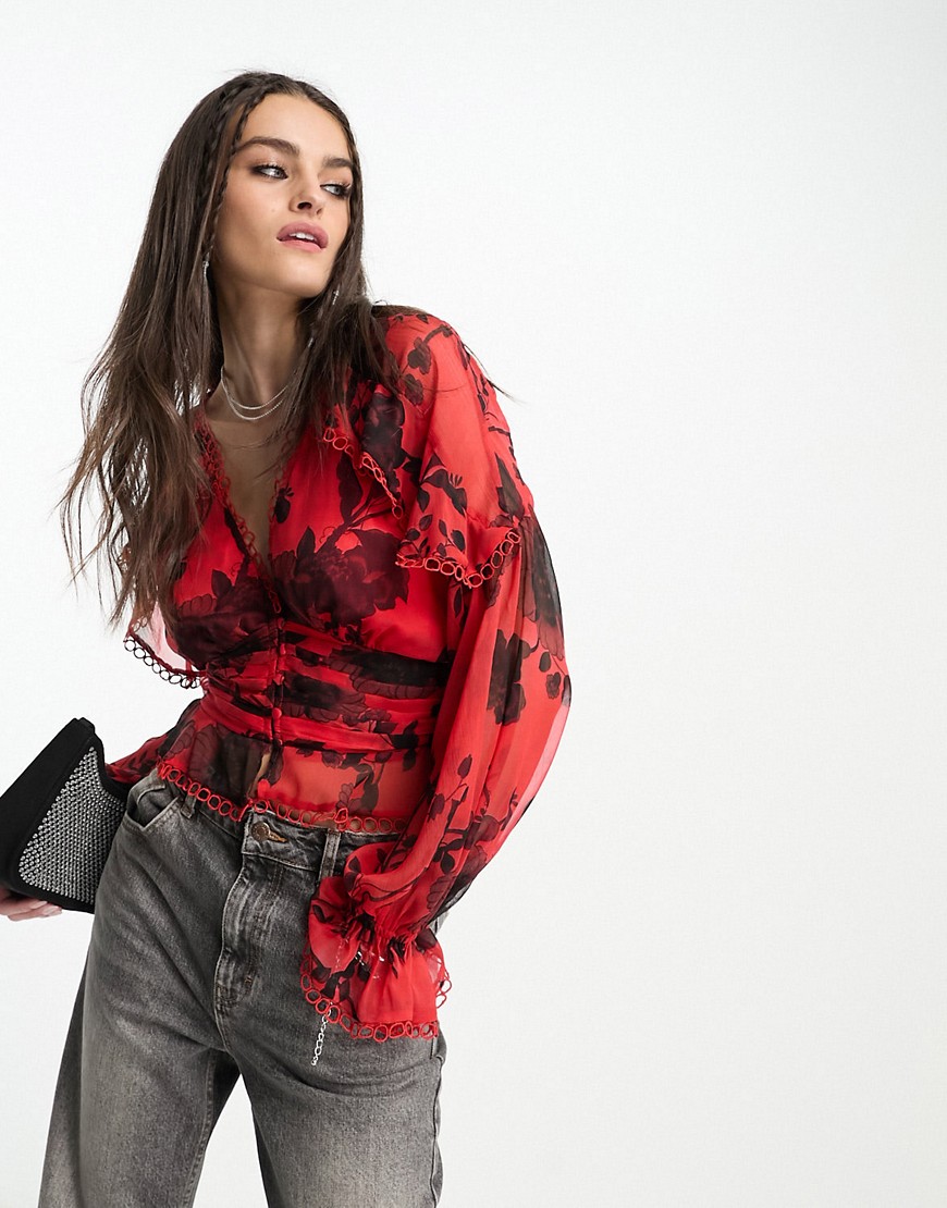ASOS DESIGN ruffle frill blouse with lace trim & pleat waist in red floral-Multi