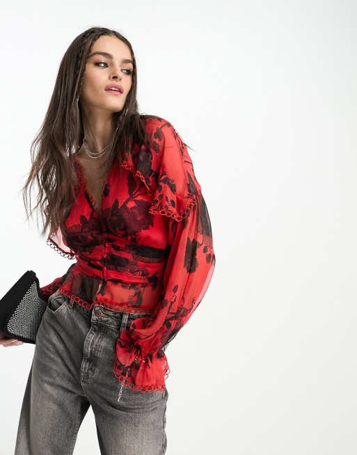 ASOS DESIGN ruffle frill blouse with lace trim & pleat waist in red floral