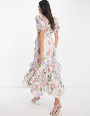 ASOS DESIGN ruffle frill hem maxi dress in rose print