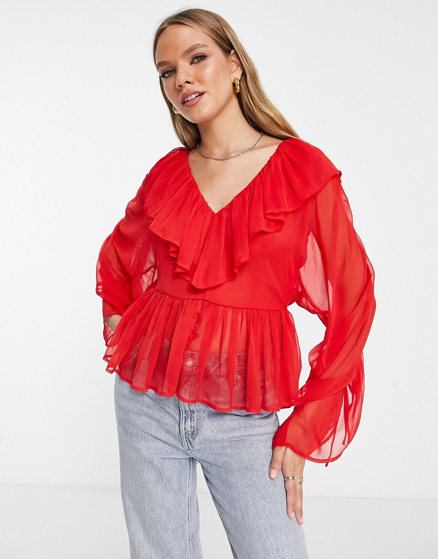 ASOS DESIGN ruffle frill sheer blouse in red-Pink