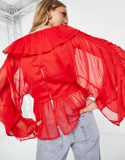 ASOS DESIGN ruffle frill sheer blouse in red