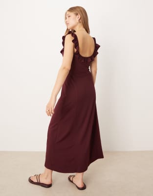 Asos Design Ruffle Front And Straps Midi Dress In Brown
