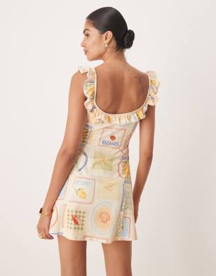 Asos Design Ruffle Front And Straps Mini Dress In Neutral