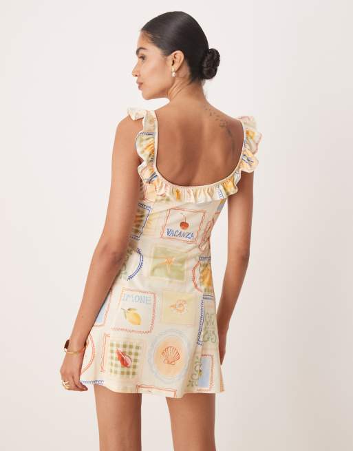 ASOS DESIGN ruffle front and straps mini dress in postcard print