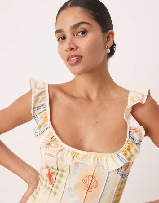 ASOS DESIGN ruffle front and straps mini dress in postcard print