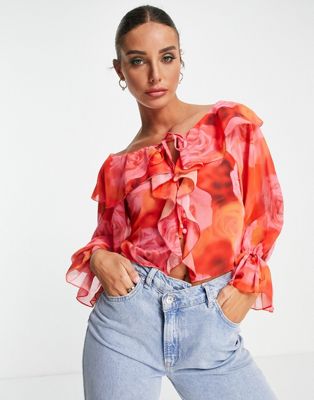 ASOS DESIGN ruffle front blouse with tie in blurred rose print - ASOS Price Checker