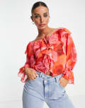 [ASOS DESIGN] ASOS DESIGN ruffle front blouse with tie in blurred rose print-Multi 4 BLURRED ROSE PRINT