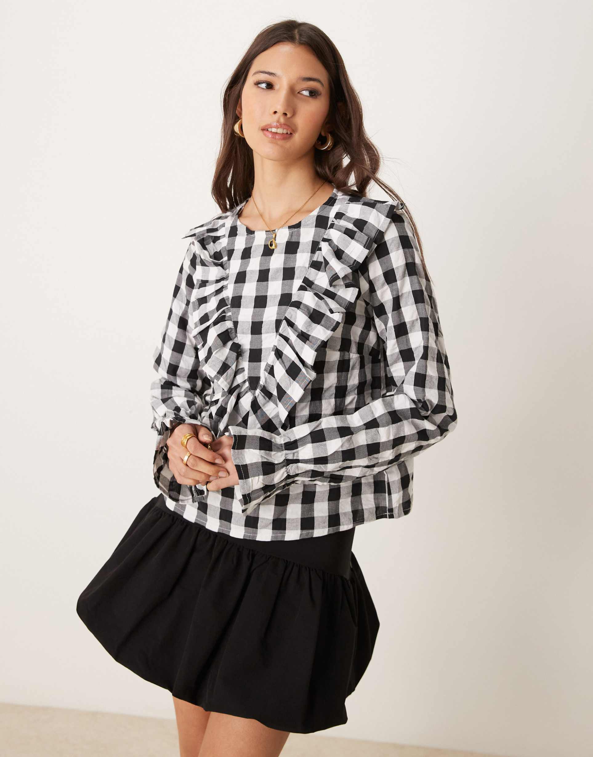 asos design ruffle front gingham top