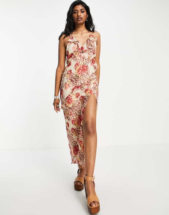 ASOS DESIGN ruffle front maxi slip dress in animal floral print