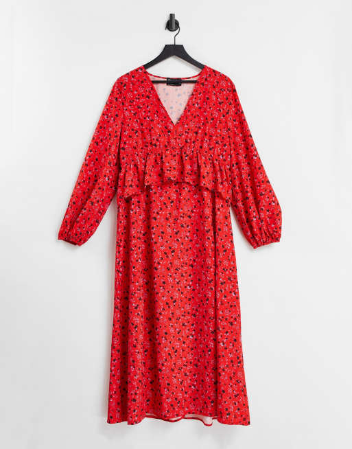 ASOS DESIGN ruffle front midi dress with splits in red ditsy floral