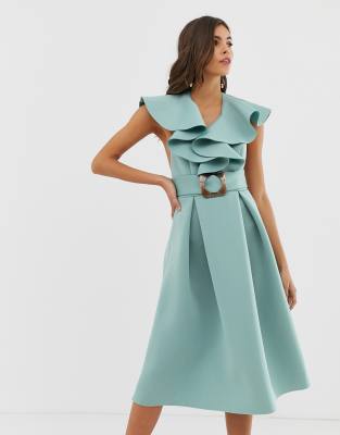 ruffle front midi prom dress with tortoise belt ASOS DESIGN