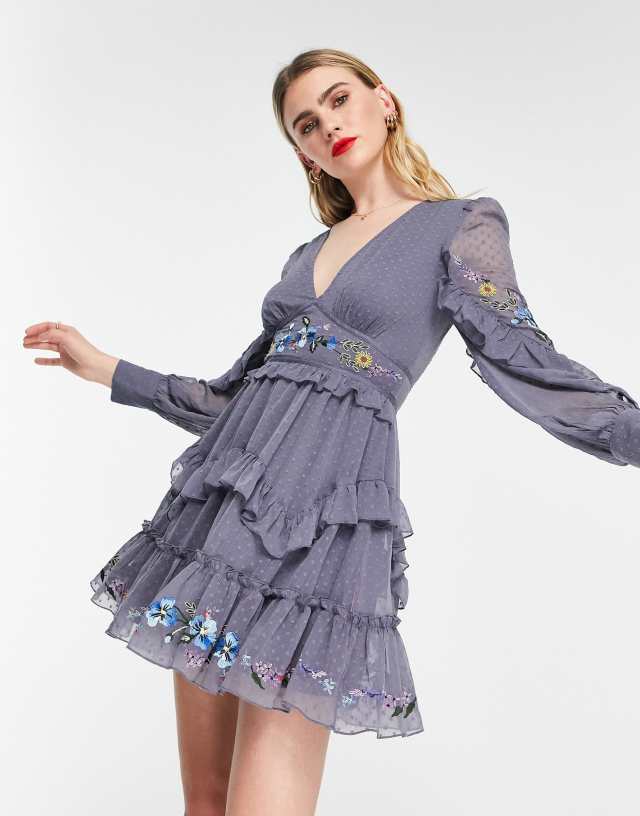 ASOS DESIGN ruffle front mini tea dress with placement embroidery