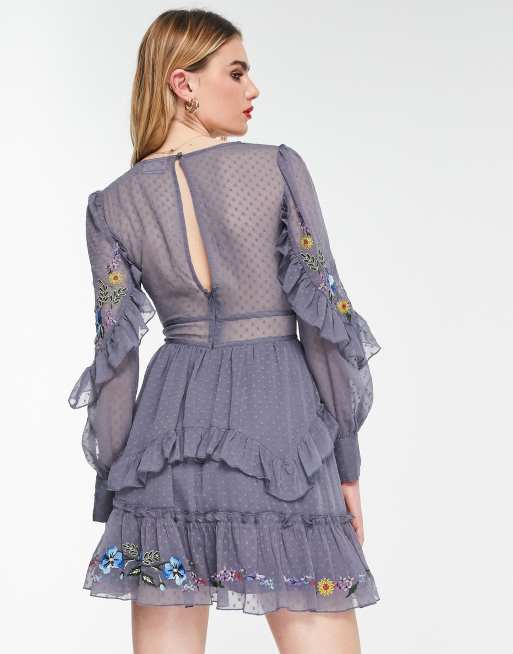 ASOS DESIGN ruffle front mini tea dress with placement embroidery, 3 of 4