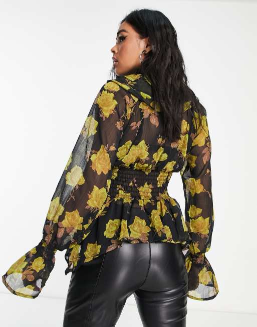 ASOS DESIGN ruffle front sheer blouse with shirred waist in dark floral print, 2 of 4