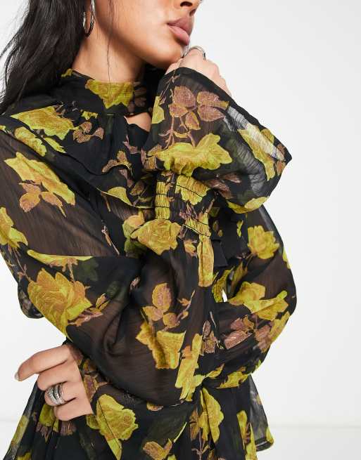 ASOS DESIGN ruffle front sheer blouse with shirred waist in dark floral print, 3 of 4
