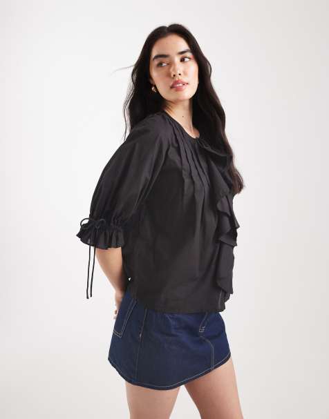 ASOS DESIGN ruffle front top with pleat detail and tie front in black - view 1