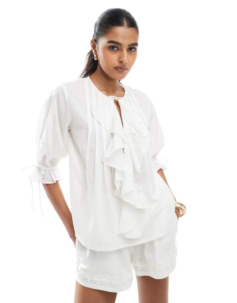 ASOS DESIGN ruffle front top with pleat detail and tie front in white - view 1