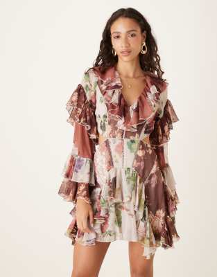 Asos Design Ruffle Godet Flare Sleeve Cutout Mini Dress In Brown