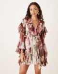 [ASOS DESIGN] ASOS DESIGN ruffle godet flare sleeve cutout mini dress in mixed floral print-Multi 12 Mixed floral
