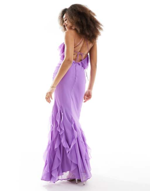 ASOS DESIGN ruffle halter bias maxi dress with ruffle hem in purple ASOS