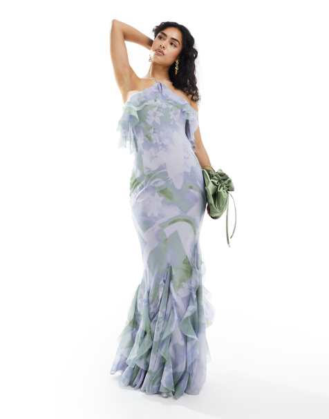 ASOS DESIGN ruffle halter bias maxi dress with ruffle hem in soft floral print - view 1