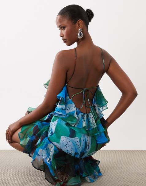 ASOS DESIGN ruffle halter maxi dress in blue green floral