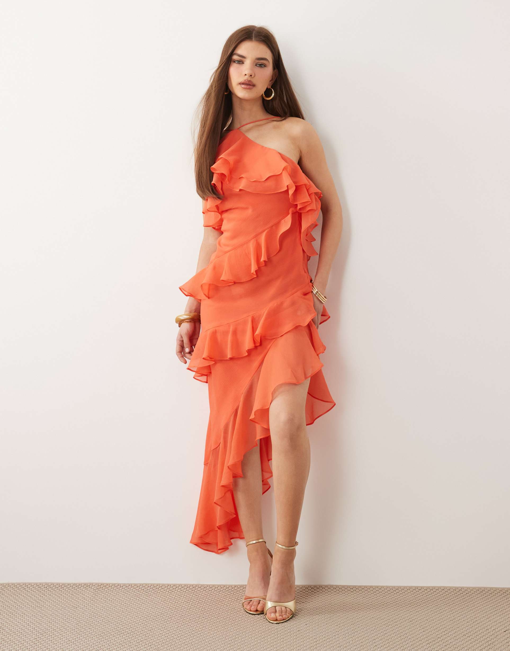 asos design ruffle halter maxi dress in hot coral